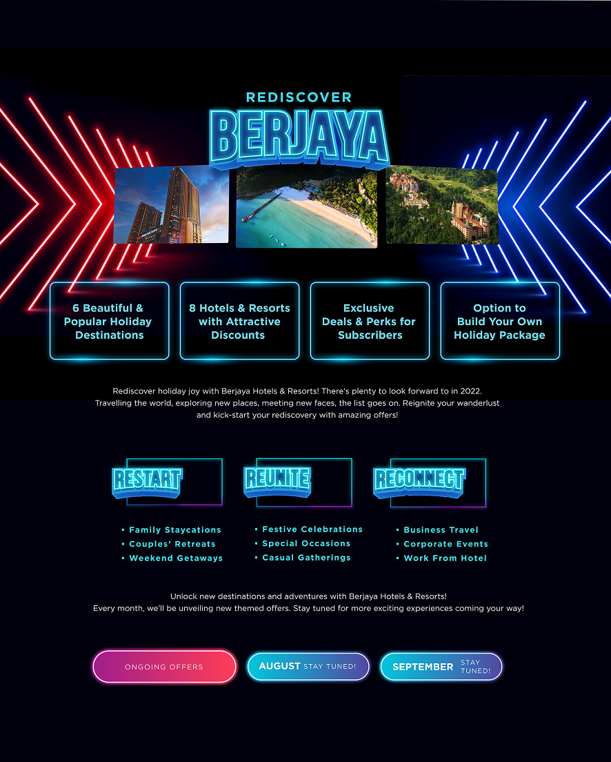 Rediscover holiday joy with Berjaya Hotels & Resorts! There's plenty to look forward to in 2022. Travelling the world, exploring new places, meeting new faces, the list goes on. We have 11 hotels and resorts located at 7 beautiful and popular holiday destinations in Malaysia. Reignite your wanderlust and kick-start your rediscovery with amazing offers